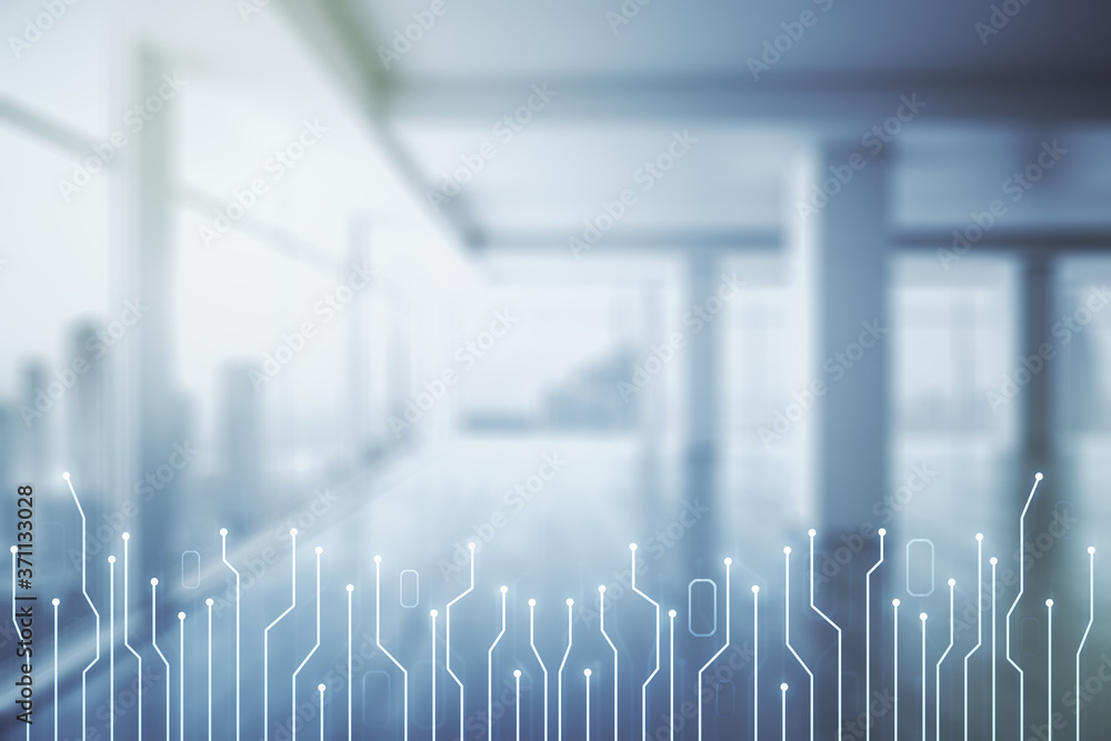 Poster double exposure of abstract virtual circuit hologram on empty modern office background. research and