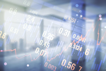 Fototapeta premium Multi exposure of virtual abstract financial graph interface on modern interior background, financial and trading concept