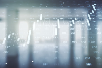 Double exposure of abstract creative statistics data hologram on empty room interior background, analytics and forecasting concept