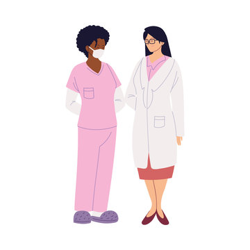 women doctors with mask and uniforms vector design