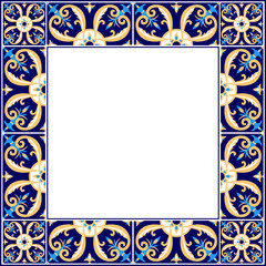 Tile frame vector. Border ceramic pattern. Retro decor ornament design. Mexican talavera, italian sicily majolica, portuguese azulejos, spanish mosaic motifs.