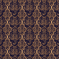 Luxury background golden vector. Arabesque paisley royal pattern seamless. Retro design for christmas party, new year gift package, holiday wallpaper, beauty spa, yoga salon, wedding.