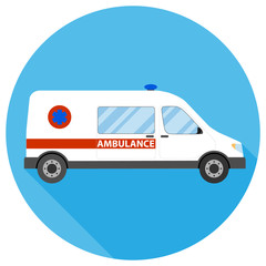 Ambulance. Ambulance car on a blue background with shadow. Vector, cartoon illustration.