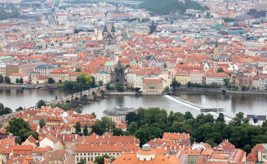 Naklejka na ściany i meble Prague, Czech Republic on july 8, 2020; Prague cityscape. Skyline on a rainy day, Czech Republic
