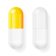 3d pill mock up on white backdrop. Isolated 3d vector. White background. Realistic 3d objects. Vector illustration.