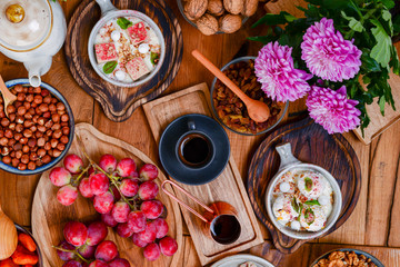 Traditional Georgian sweets and desserts. Baklava, nakhini, khinkali, matzoon, churchkhela, shotis puri or shoti