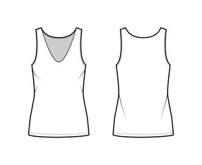 Cotton-jersey tank technical fashion illustration with relax fit, plunging V-neckline, sleeveless. Flat outwear camisole apparel template front back white color. Women men unisex shirt top CAD mockup 