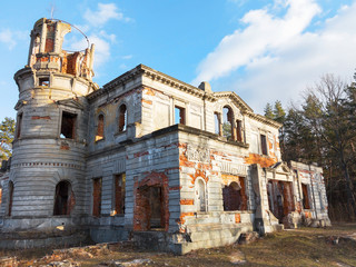 The ruins of an ancient castle Tereshchenko Grod in Zhitomir, Ukraine. In the background blue sky, on the earth grows green grass. Palace of the 19th century