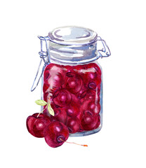 Cherry jam in glass jar whith cherries fruits. Watercolour