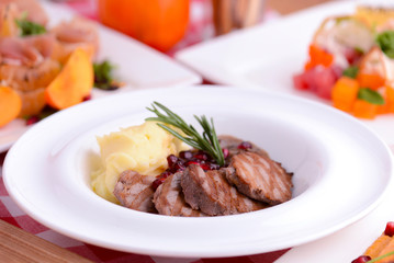 Table served for thanksgiving dinner. Autumn food on white background. Flat lay, top view, copy space