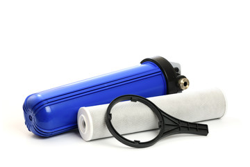 filter flask with replaceable cartridge carbon filter and key-  system for water treatment isolated...