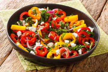 Multicolored bell pepper salad with onions, herbs and feta cheese close-up in a plate on the table. horizontal