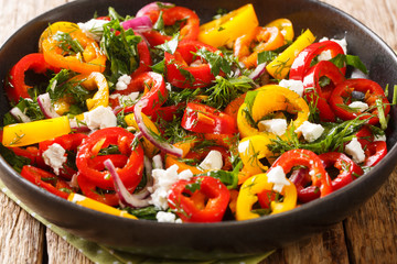 Healthy diet bell pepper salad with onions, herbs and feta cheese close-up in a plate. horizontal