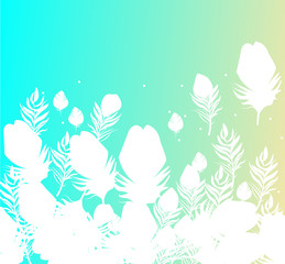 White Silhouettes of Feathers. Colorful blue and yellow vector background