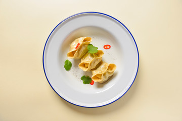 Flat lay fresh boiled dumplings with hot steams served on white plate. Asian food on bright green background.