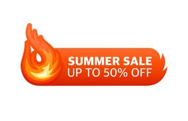 Fire hot summer sale up to 50 percent off. Vector design element. Red banner vector. Special offer badge. Modern promotion template. Summer sale banner template. Vector illustration.