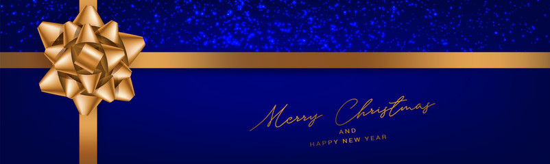 Merry Christmas banner or header. Xmas holiday blue and golden design concept. Vector illustration.
