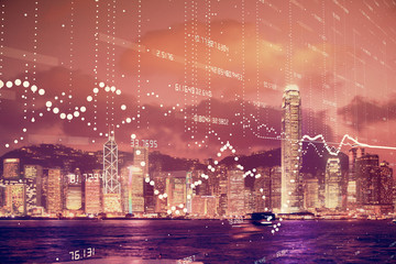 Data theme hologram drawing on city view with skyscrapers background double exposure. Ai concept.