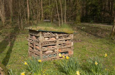 Bug House, Insect Hotel or Invertebrate Nesting Box in a Woodland Garden in Rural Devon, England, UK