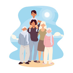 Mother father and son with grandparents cartoons vector design