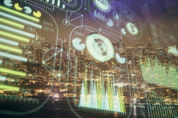 Data theme hologram drawing on city view with skyscrapers background multi exposure. Ai concept.