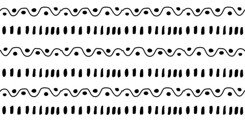 Black hand drawn stripes seamless monohrome pattern. Different elements