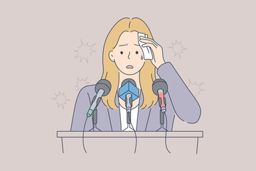 Mental stress, speech, psychology, business, conference concept. Young stressful worried businesswoman cartoon character standing on tribune suffering from fear of public speaking or panic attack.