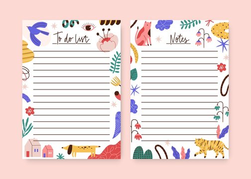 Set of childish notebook, organizer, planner memo page design template. To do list, agenda decorated of cute animals, plants, trendy curve shapes. Flat vector cartoon illustration on white background - Powered by Adobe