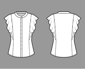 Shirt technical fashion illustration with fitted body, mandarin collar, front button fastenings, ruffled sleeves. Flat blouse apparel template front, back white color. Women, men unisex top CAD mockup