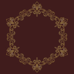 Oriental vector round golden frame with arabesques and floral elements. Floral golden border with vintage pattern. Greeting card with place for text