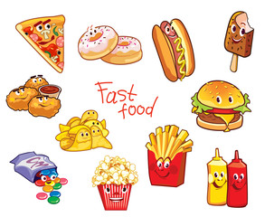 Vector illustration collection of fast food, happy cartoon characters of different fast food.