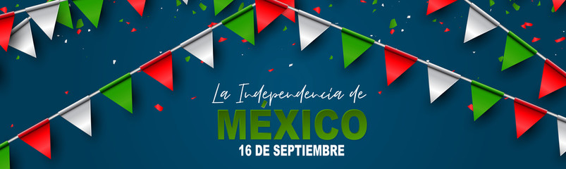 Mexico Independence Day banner or header. 16 September national holiday. Patriotic design concept. Green, white, and red Mexican bunting flags. Vector illustration.