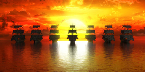 sunset, group of ships against the setting sun