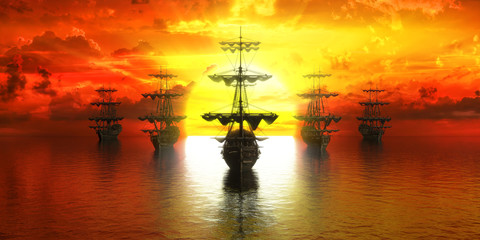 sunset, group of ships against the setting sun