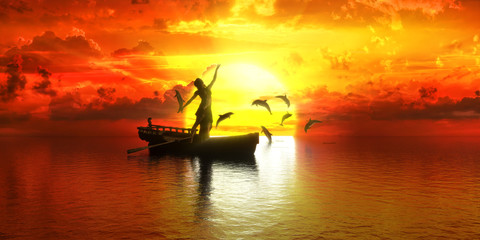 woman dancing in a boat on the background of sunset and dolphins