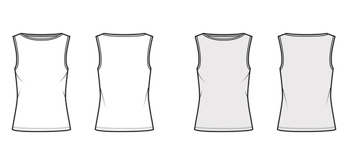 Cotton-jersey tank technical fashion illustration with relax fit, high neckline, elongated hem, sleeveless. Flat outwear shirt apparel template front, back white grey color. Women men unisex top CAD 