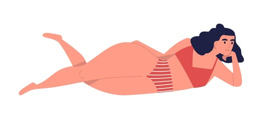 Plus size brunette girl in swimwear. Plump caucasian female character in beachwear. Body positive young woman in striped red underwear. Flat vector cartoon illustration isolated on white background