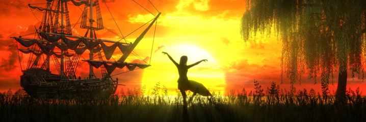 Naklejka na ściany i meble woman dancing on the background of sunset under a tree