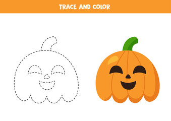 Trace and color cartoon Halloween pumpkins. Handwriting practice.