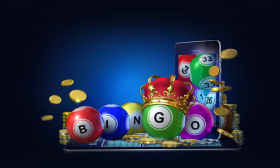 Abstract concept image of online betting on the winning outcome of  bingo games. 3D rendered illustration on a dark background with copy space