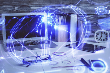 Desktop computer background and education theme drawing. Double exposure. Study concept.