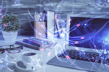 Desktop computer background and neuron drawing. Double exposure. Education concept.