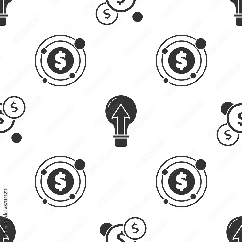 Poster set coin money with dollar, light bulb and target with dollar symbol on seamless pattern. vector.