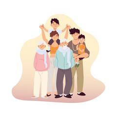 Mother father and sons with grandparents cartoons vector design