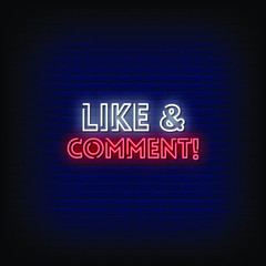 Like and Comment Neon Signs Style Text Vector