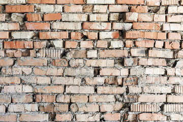 Abstract background old white brick wall with cracks and scratches. Landscape style. Great background or texture.