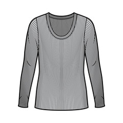 Ribbed scoop neck knit sweater technical fashion illustration with long sleeves, oversized body, tunic length. Flat outwear apparel template front grey color. Women men unisex shirt top CAD mockup