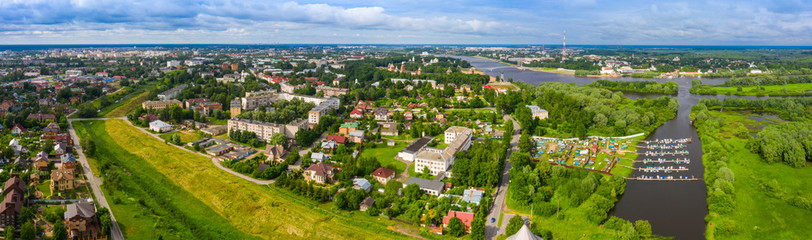 Fototapeta na wymiar View of the beautiful ancient Veliky Novgorod, the old part of the city and the Kremlin in summer from a height