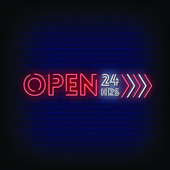 open 24 Hours Neon Signs Style Text Vector