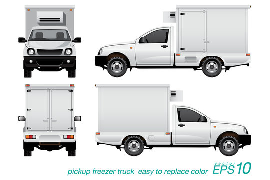 VECTOR EPS10 - single cab pickup truck template with refrigerator container,freezer car,  isolated on white background,